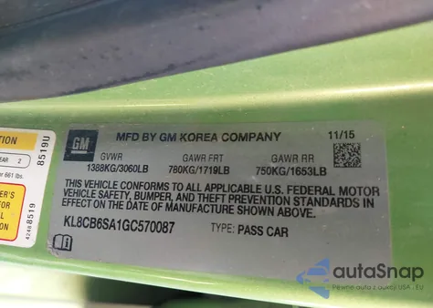 2016 Chevrolet Spark Ls Cvt z USA, uszkodzony, nr VIN KL8CB6SA1GC570087